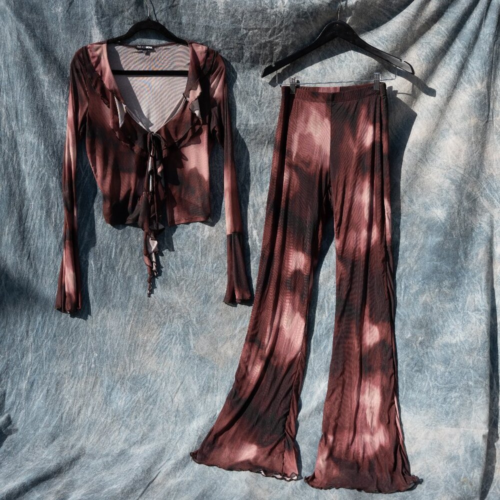 Fashion Nova | Brown Mesh Lenny Ruffle Tie Front Flare Pant Set | L | Y2K